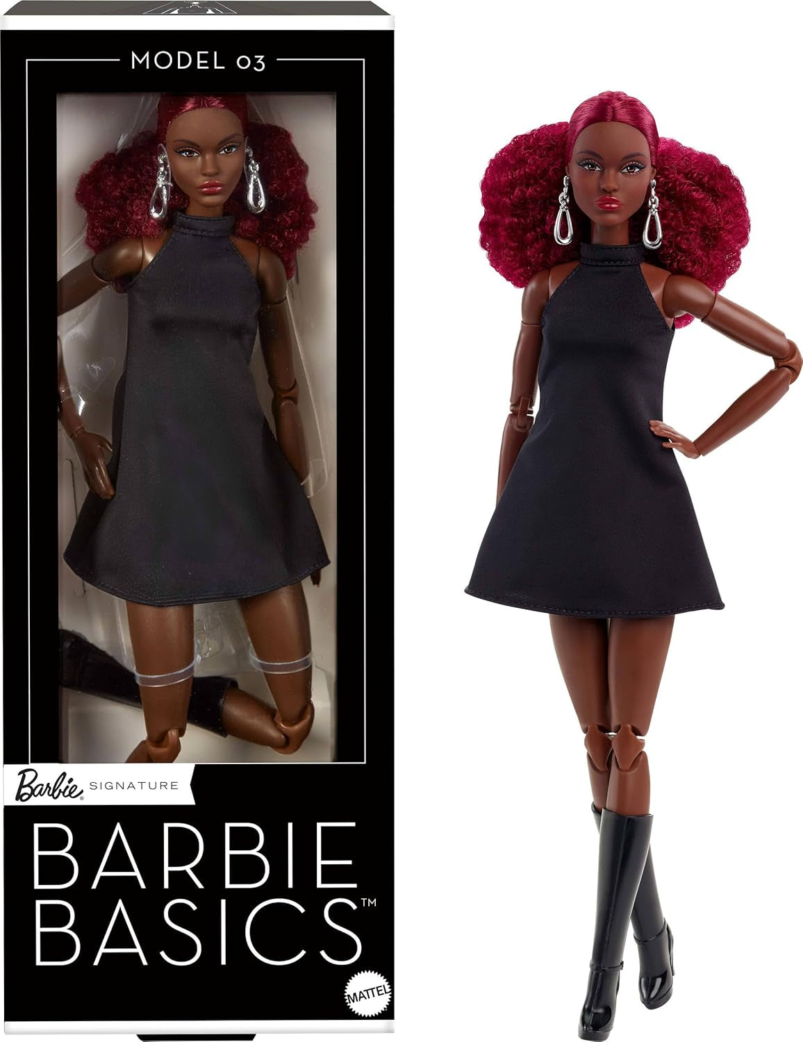 Kolekcjonerska lalka Barbie Basics Model 3 z czerwonymi lokami, czarna mini sukienka i buty, rozmiar uniwersalny, duży przegubowy korpus i wymienna główka, JBH75