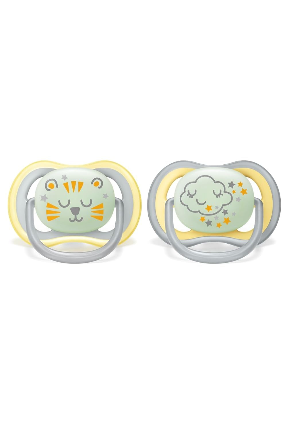 Philips AVENT Ultra Air smoczek na noc dla dzieci w wieku powyżej 18 miesięcy Świecące w ciemności podwójne opakowanie Cloud/Tiger (model SCF376/01)