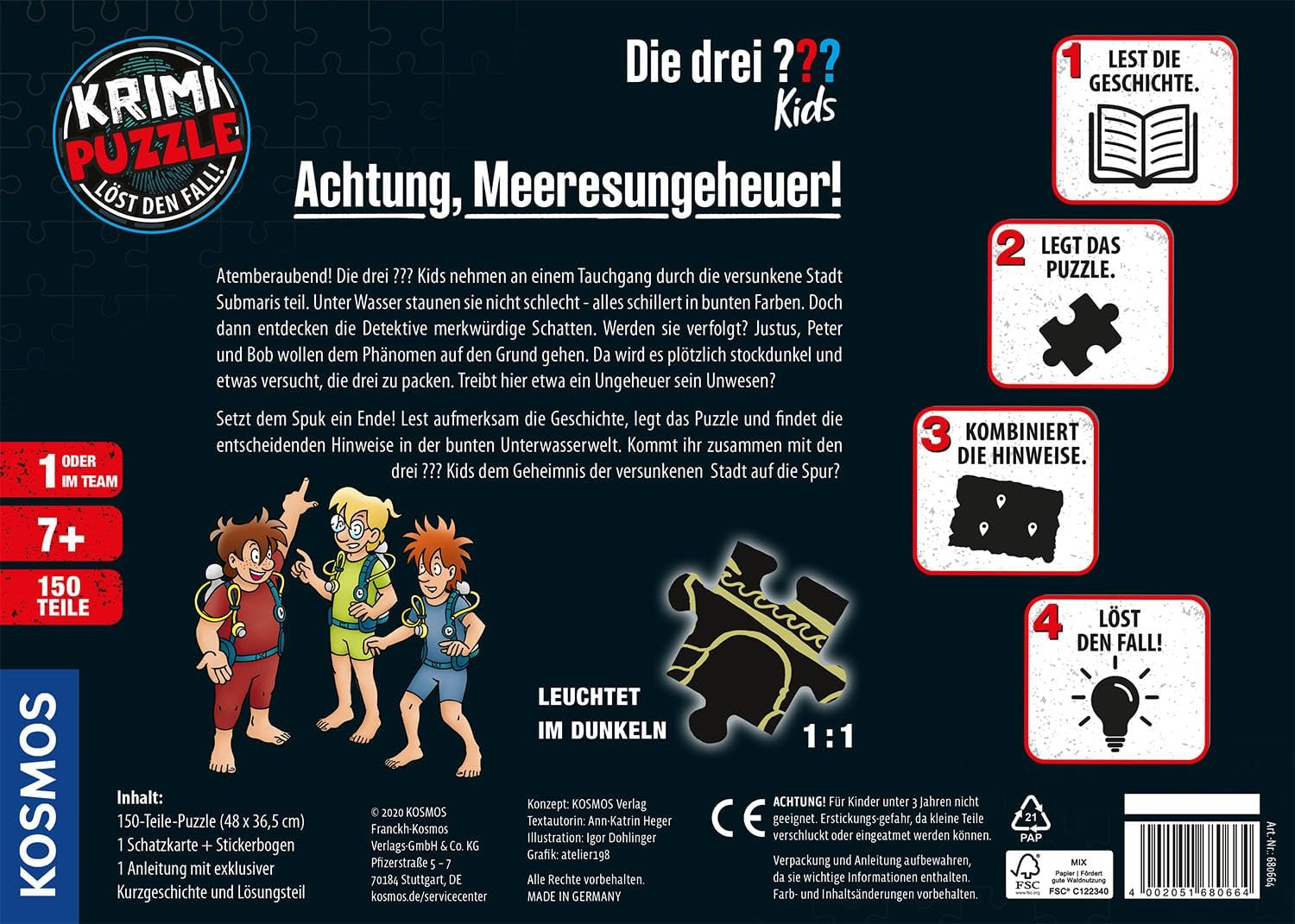 Umrzeć Drei??? Dzieci - Puzzle kryminalne - Uwaga, potwór morski Od KOSMOS 680664, 150 elementów, Świecące w ciemności, Czytanie, puzzle, rozwiązywanie zagadek, puzzle detektywistyczne dla dzieci od 7 roku życia Puzzle Naty Shop
