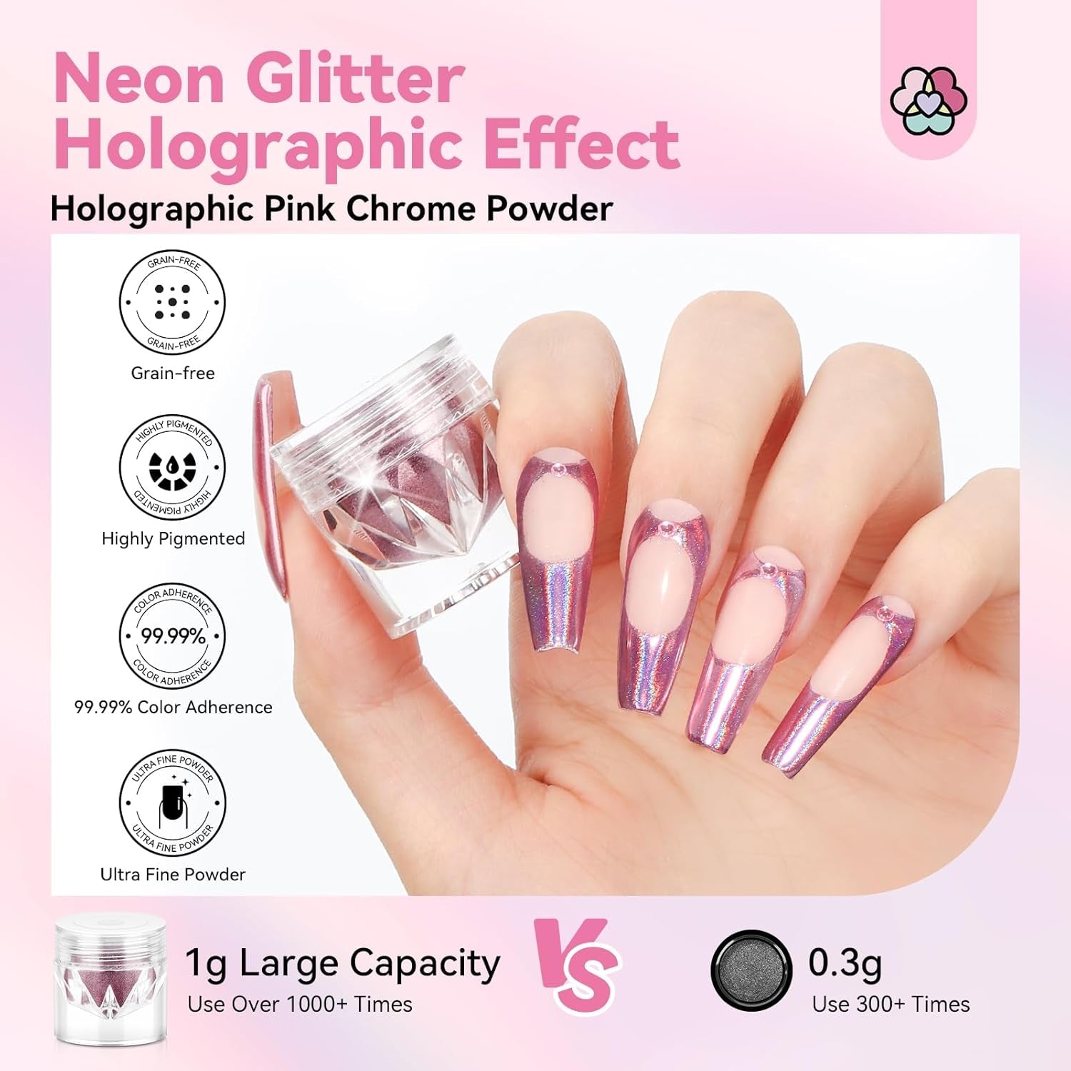 Zestaw pudrów Saviland Chrome do paznokci - Różowy laserowy puder do paznokci Chrome Efekt lustrzany Laserowe zdobienie paznokci, Manicure z brokatem Dekoracyjny puder z gąbeczkami, Puder brokatowy do paznokci Salon paznokci