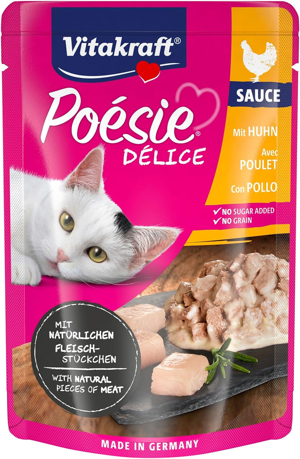 Vitakraft Poésie Délice, Nassfutter Katze, Katzennassfutter w sosie, z kurczakiem, Vorratspackung, ohne Zusatz von Zucker und Getreide (23x 85g)