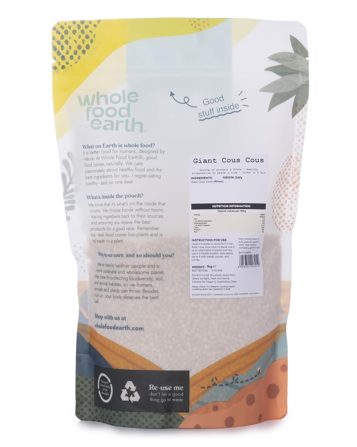 Kuskus ziemny pełnoziarnisty 1kg | Bez GMO | Naturalne | Źródło błonnika