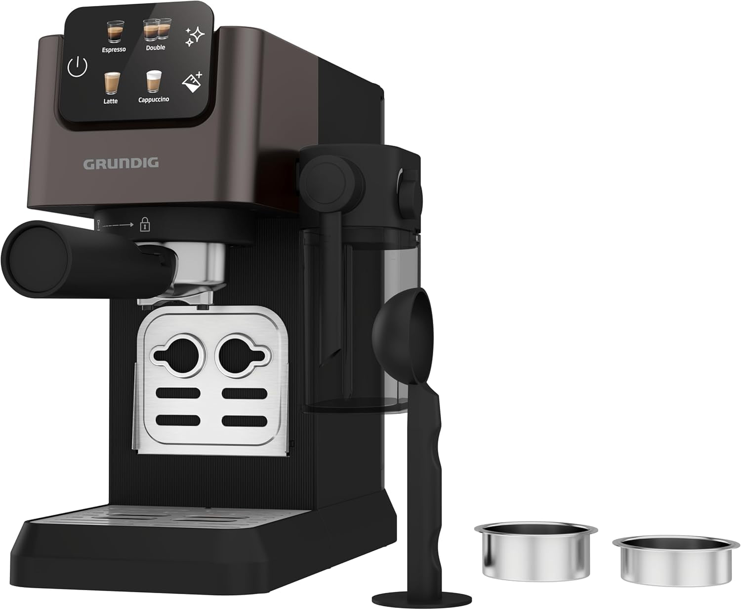 Ekspres do kawy z kolbą GRUNDIG KSM 5330 ze zintegrowanym pojemnikiem na mleko, moc 1628 W, ciśnienie pompy 15 bar, podwójna dysza, kolorowy wyświetlacz dotykowy, BrewSense, CreamyPro, Ciemna stal nierdzewna/Czarny
