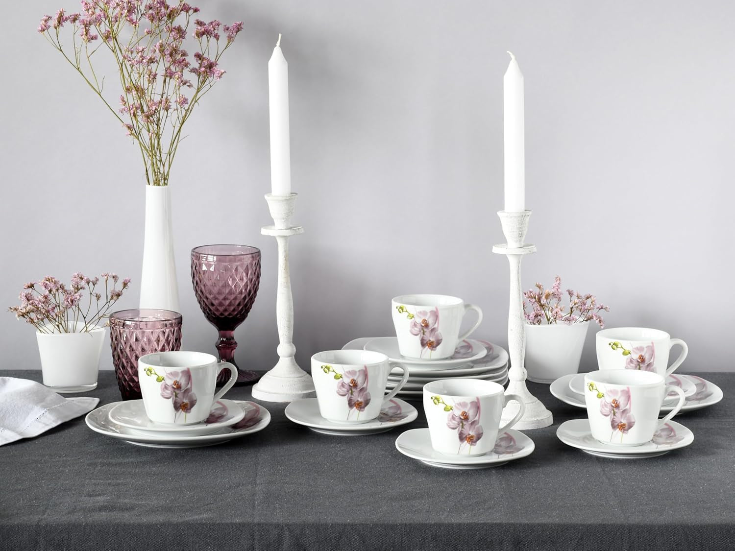 CreaTable, 24024, seria Square Orchid, 18-częściowy zestaw naczyń obiadowych dla 6 osób, porcelanowy serwis do kawy, można myć w zmywarce i używać w kuchence mikrofalowej, jakość produkcji