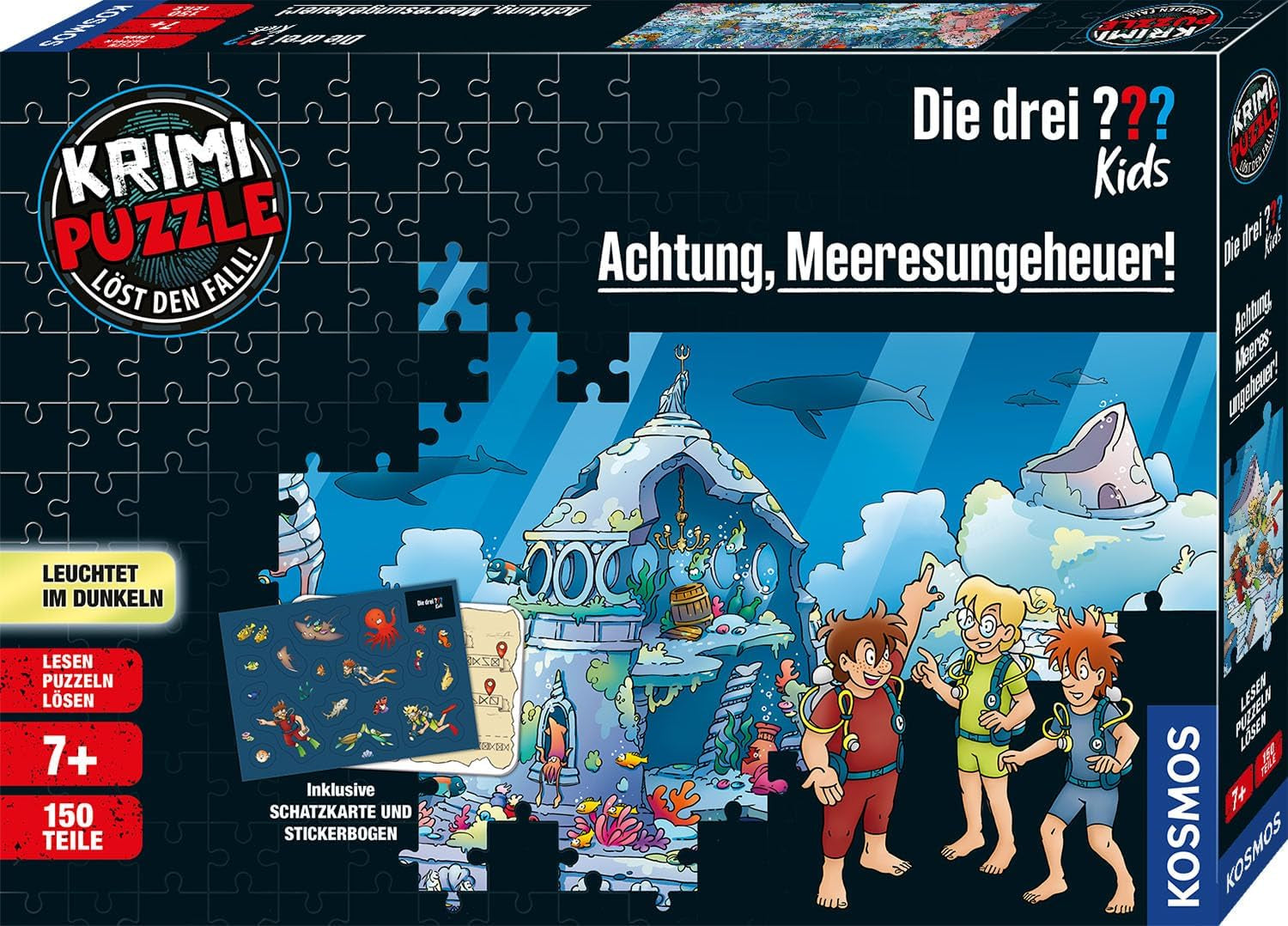Umrzeć Drei??? Dzieci - Puzzle kryminalne - Uważaj na potwora morskiego Od KOSMOS 680664, 150 elementów, Świecące w ciemności, Czytanie, puzzle, rozwiązywanie zagadek, puzzle detektywistyczne dla dzieci w wieku 7+ Puzzle Naty Shop Domyślny tytuł