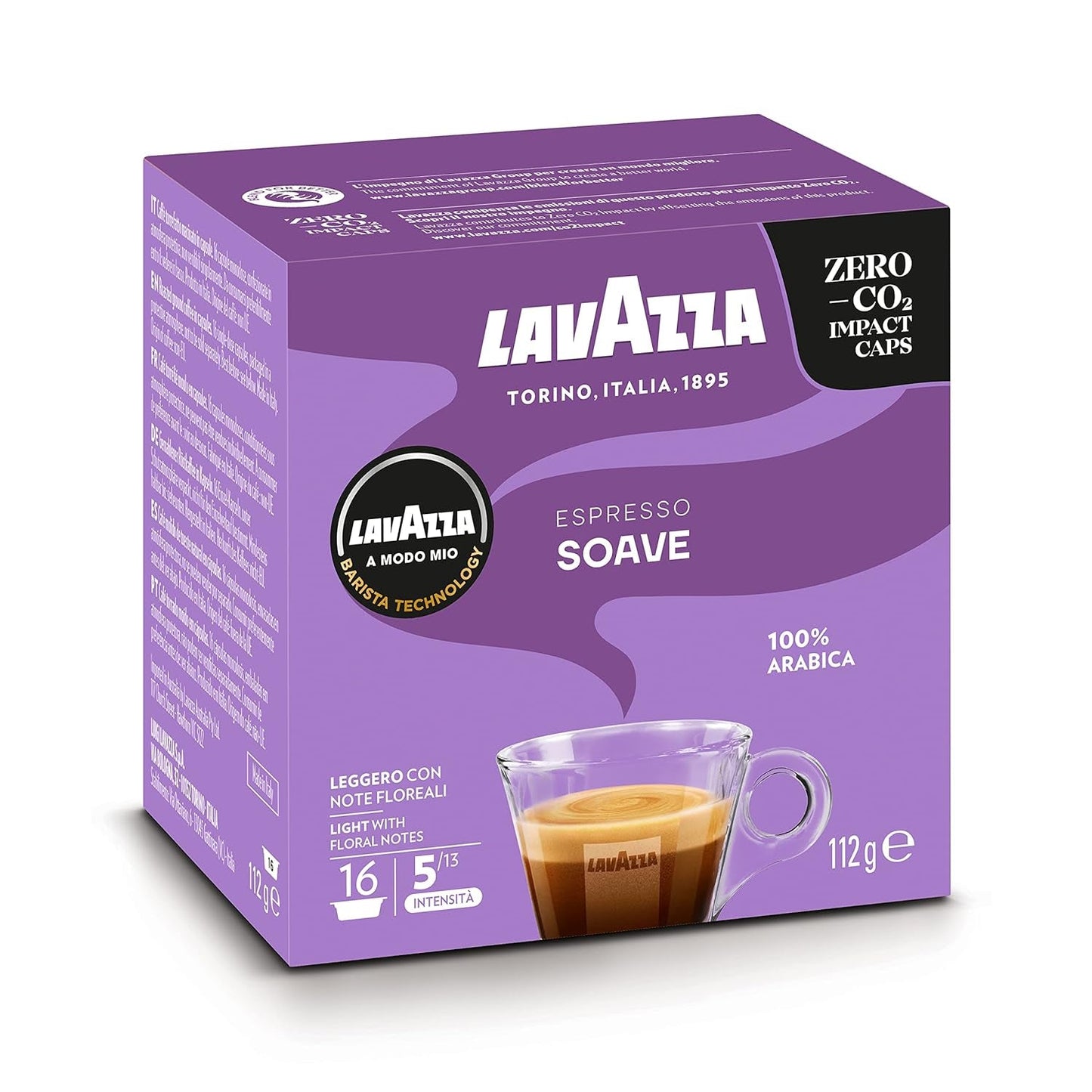 Lavazza, A Modo Mio Soave 256 Kaffeekapseln, für einen leichten und eleganckien Espresso mit aromaticschen Noten von Blumen, 100% Arabica, Intensität 5/13, średni Röstung, 16 Packungen mit je 16