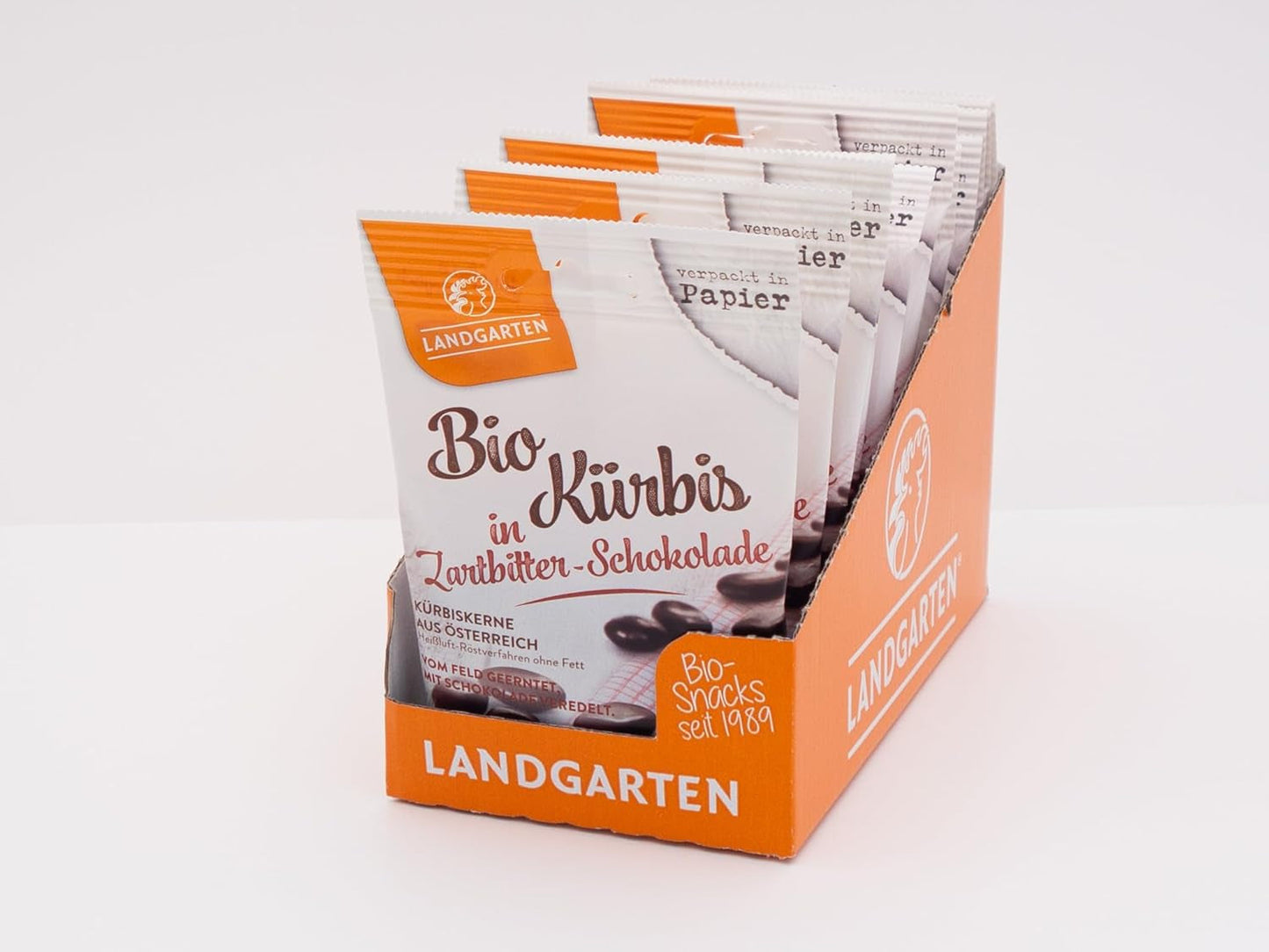 Landgarten Organiczne pestki dyni w ciemnej czekoladzie - Wegańska przekąska czekoladowa z pieczonymi pestkami dyni - źródło magnezu - 1 x 50g