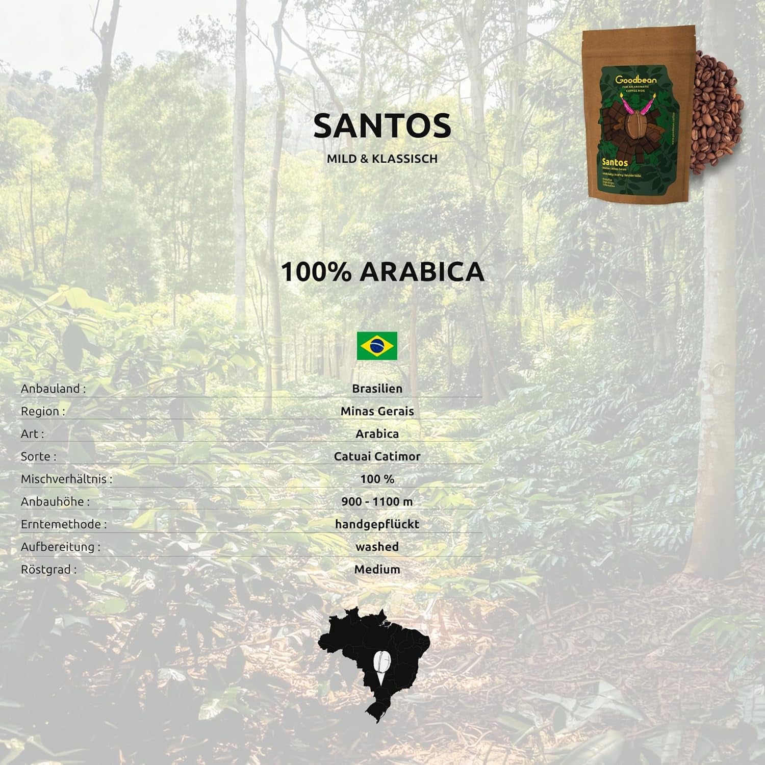 Santos | Kawa ziarnista 2500g - 100% Arabica z Brazylii | do espresso, cappuccino lub mocnej kawy filtrowanej | Pieczeń Omni | Kawa klasyczna – idealne wprowadzenie do kawy specialty