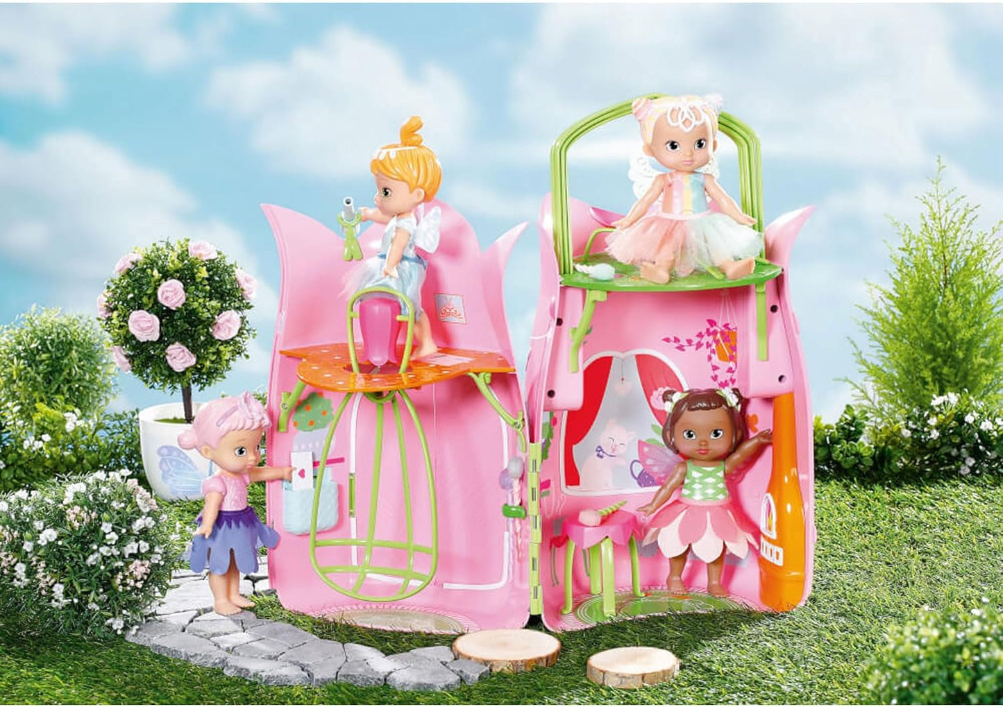 BABY Born Storybook Cottage, składany domek dla lalek 18 cm ze stołem, kominkiem, szezlongiem i teleskopem, różowy zielony, 833803 Zapf Creation Dollhouses Naty Shop
