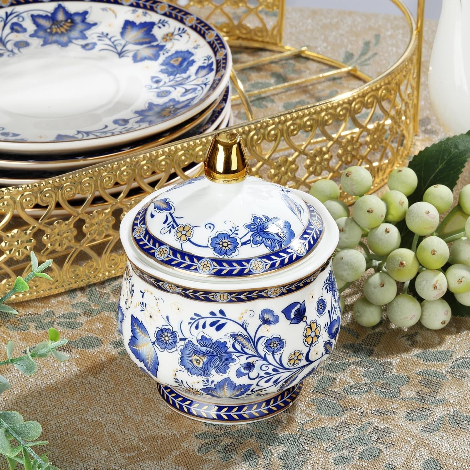 Fanquare Porcelanowy zestaw do herbaty w kształcie niebieskiego kwiatu z metalowym stojakiem Vintage porcelanowa filiżanka do kawy ze spodkiem Angielski zestaw do kawy dla dorosłych