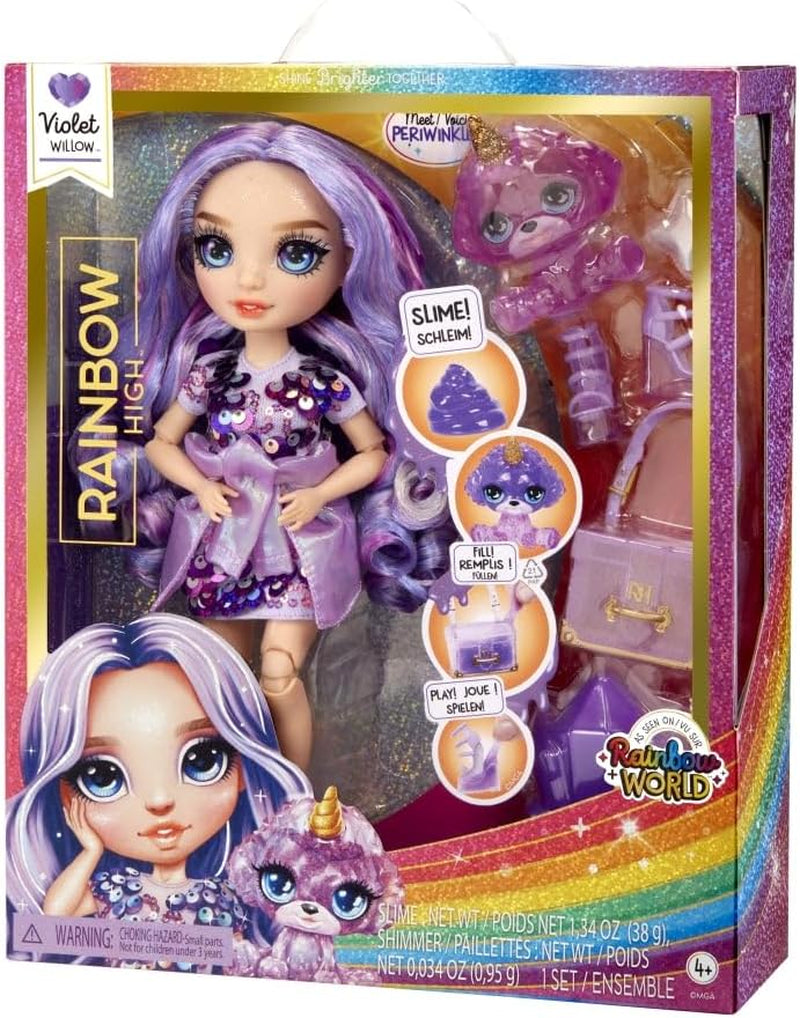 Modna lalka Rainbow ze śluzem i zwierzakiem - fioletowa - brokatowa lalka 28 cm z brokatowym śluzem, magicznym zwierzakiem i modnymi dodatkami - zabawka dla dzieci - idealna dla 4-12 lat