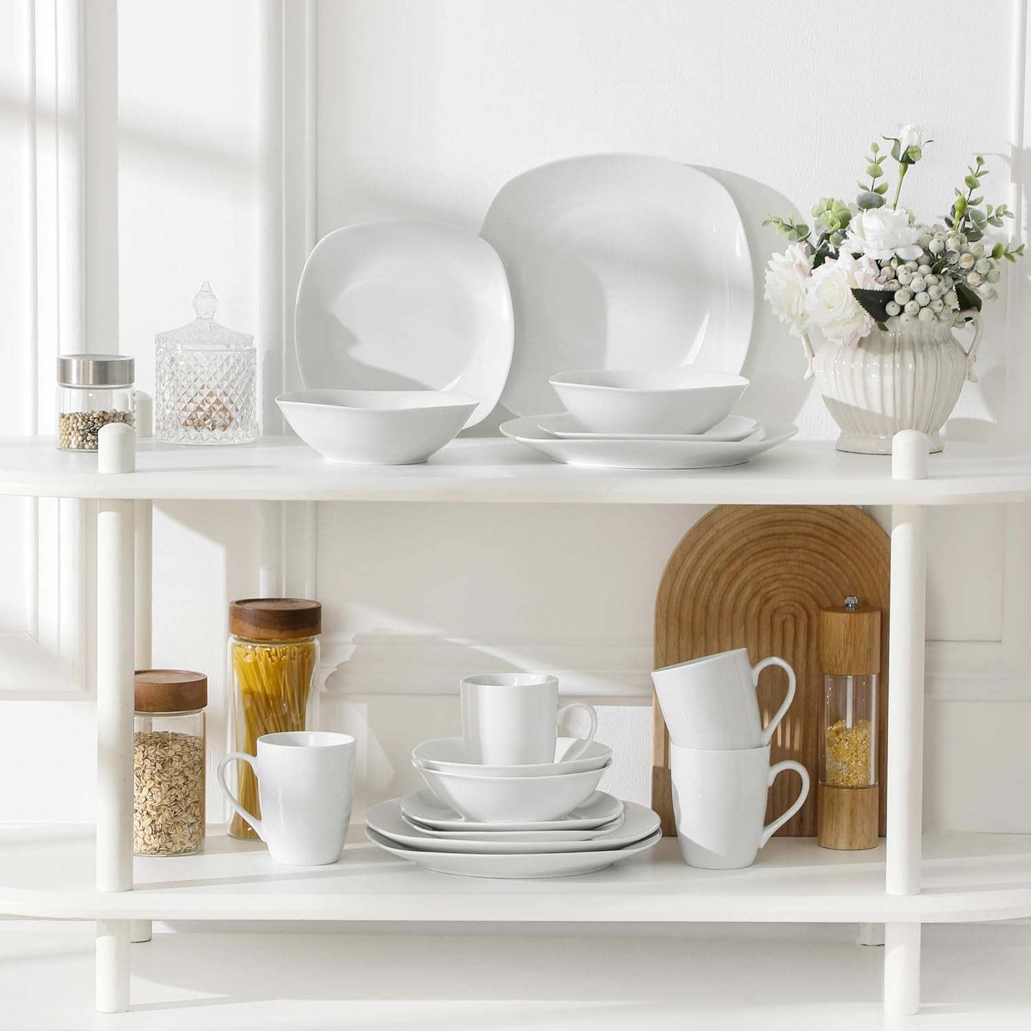 Zestaw naczyń obiadowych MALACASA na 4 osoby, 16-częściowa zastawa stołowa z białej porcelany, nowoczesny zestaw naczyń obiadowych z 4 talerzami obiadowymi, talerze deserowe, talerze i filiżanki Suma, seria ELISA