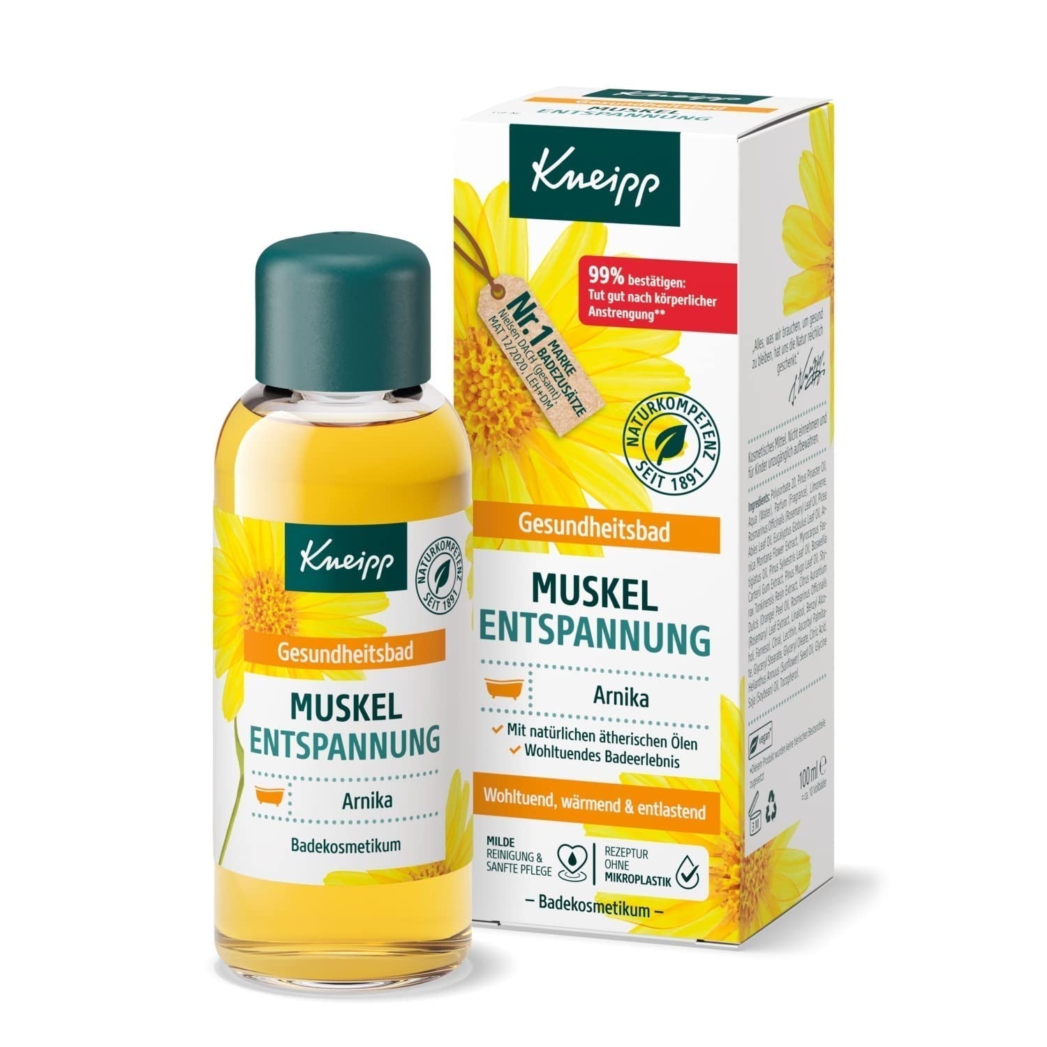 Kneipp Kąpiel Zdrowotna, Relaksacja Mięśni, Olejek do kąpieli z ekstraktem z arniki i olejkami eterycznymi z gatunków Cabreuva, Rozmarynu i Pinus, rewitalizuje i leczy po wysiłku fizycznym, 100 ml Naty Shop