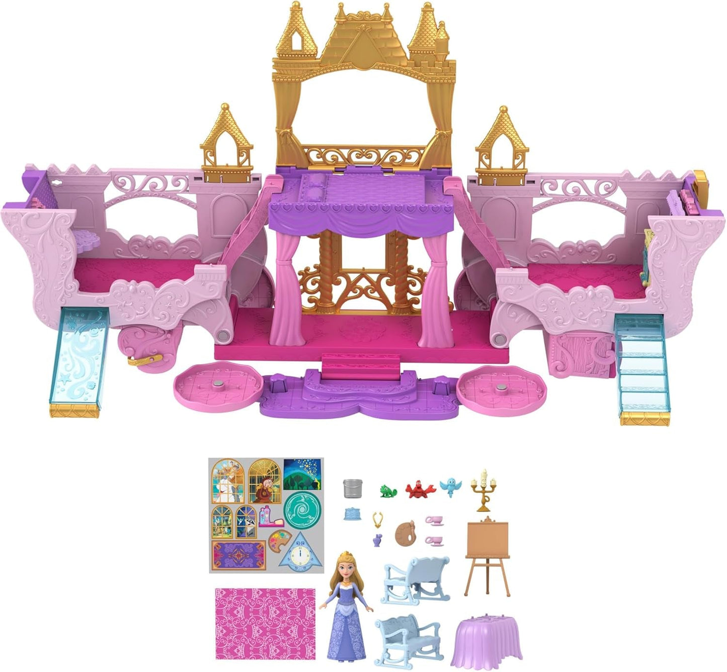 Mattel Disney Princess Zestaw do przekształcenia karetki w zamek z małą lalką Aurora, 3 poziomy, 6 obszarów do zabawy, 4 figurki, meble i akcesoria HWX17 Naty Shop Dolls
