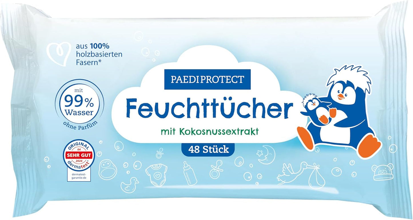PAEDIPROTECT Chusteczki nawilżane dla dzieci 1 x 10 szt. Chusteczki nawilżane dla dzieci Sensitive Chusteczki nawilżane na bazie wody 99% wody Bezzapachowe Dla dzieci i dzieci Delikatna skóra Ekstrakt z kokosa Bez mikroplastików Wegańskie (5 szt.)