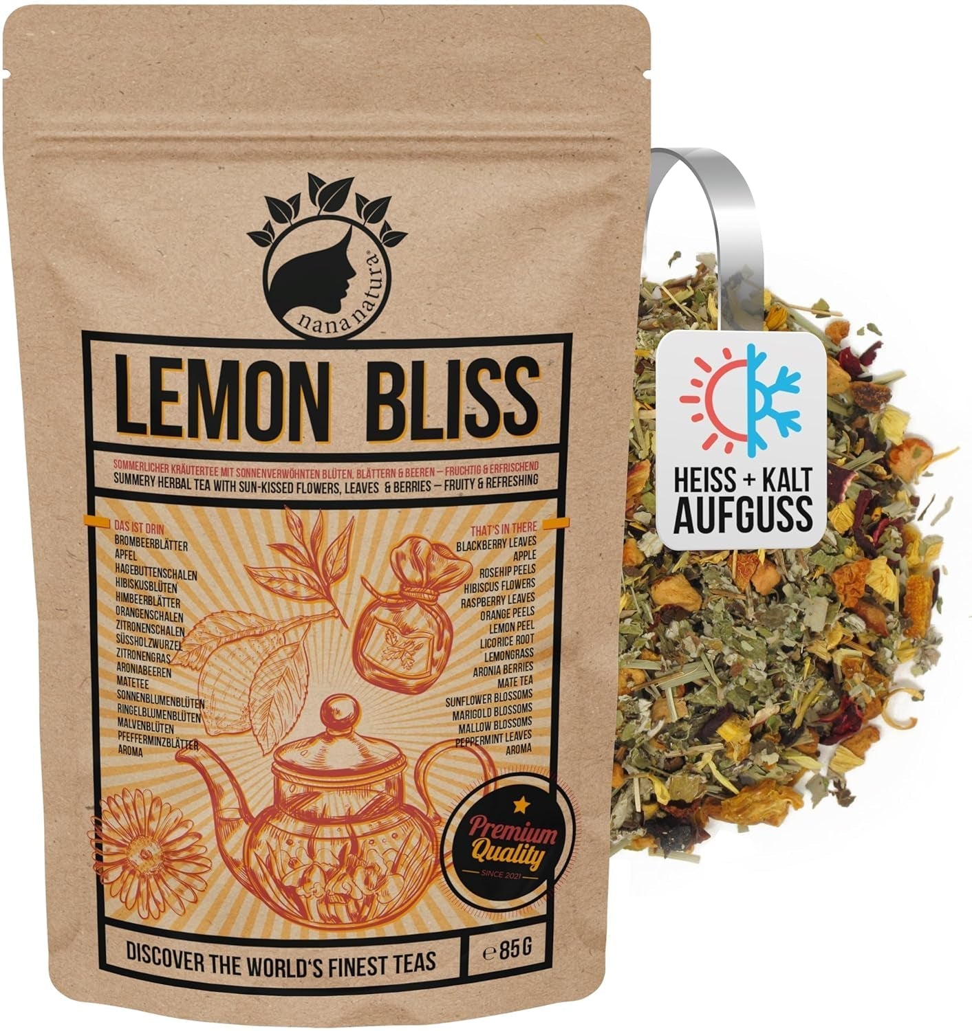 Oryginalna HERBATA CYTRYNOWA BLISS 85G firmy Nananatura | Owocowa i orzeźwiająca letnia herbata ziołowa | Jako herbata zimna, herbata mrożona lub klasycznie gorąca | Z kwiatami, liśćmi i dojrzewającymi w słońcu jagodami | Bez cukru