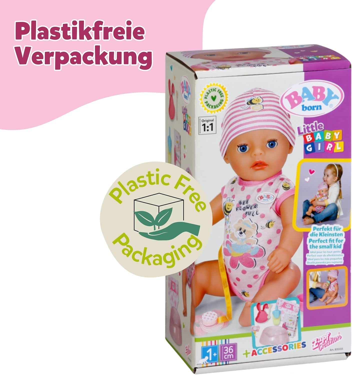 BABY Born Lena (Girl) - laleczka bobas 36 cm - 7 funkcji, w tym akcesoria i materacyk - Działa całkowicie bez baterii - Odpowiednia dla małych dzieci od 1 roku