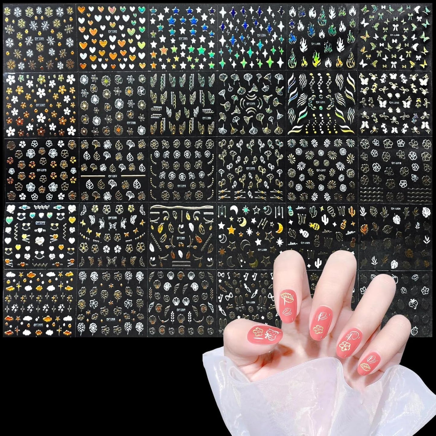 3D Nagelsticker Aurora 30 Blatt Gold Nail Art Naklejka Selbstklebend Nagelaufkleber Holografisches Stern Herz Dekoration Nageldesign Zubehör