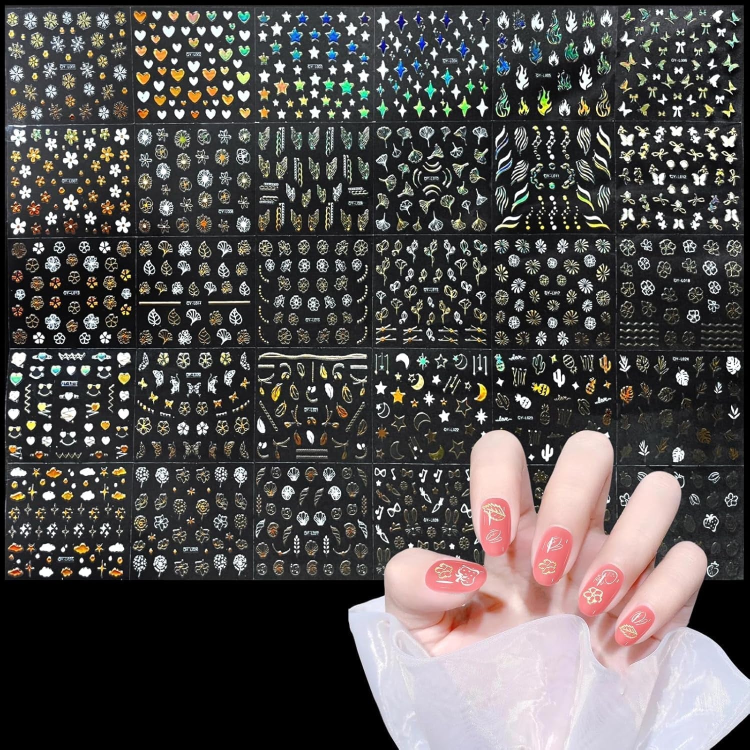 3D Nagelsticker Aurora 30 Blatt Gold Nail Art Naklejka Selbstklebend Nagelaufkleber Holografisches Stern Herz Dekoration Nageldesign Zubehör