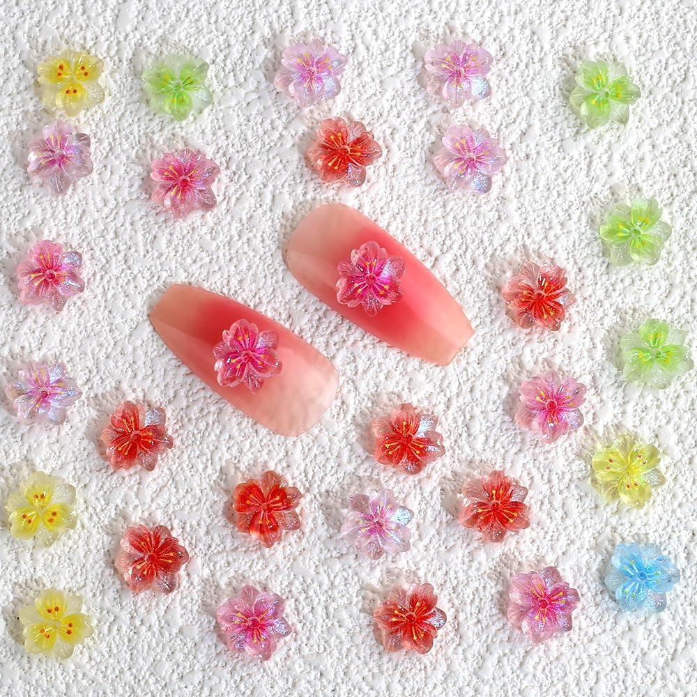 50 szt. 3D Blume Nagel Charms Nägel Zubehör Nageldesign Glitzersteine ​​​​Nailart Strasssteine ​​​​Kwiatowe zawieszki do paznokci Luminous Flower Nail Art Charms Bunte Blumen Deko Nagel Steinchen Kwiaty Cyrkonie do paznokci