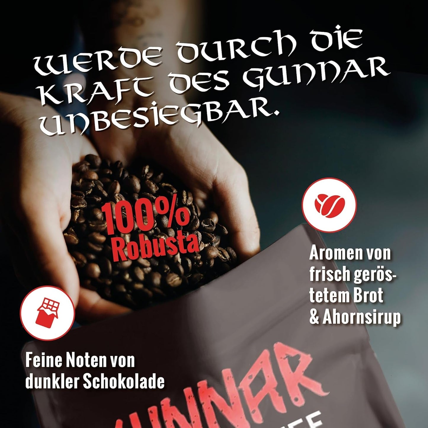 Pusta pieczeń - GUNNAR - 1kg - Cała kawa-Bohnen Extra Strong - Kräftige Robusta-Röstung - 494mg Kaffein je Tasse - Würzig & Kraftvoll mit Noten von dunkler Schokolade - Säurearm
