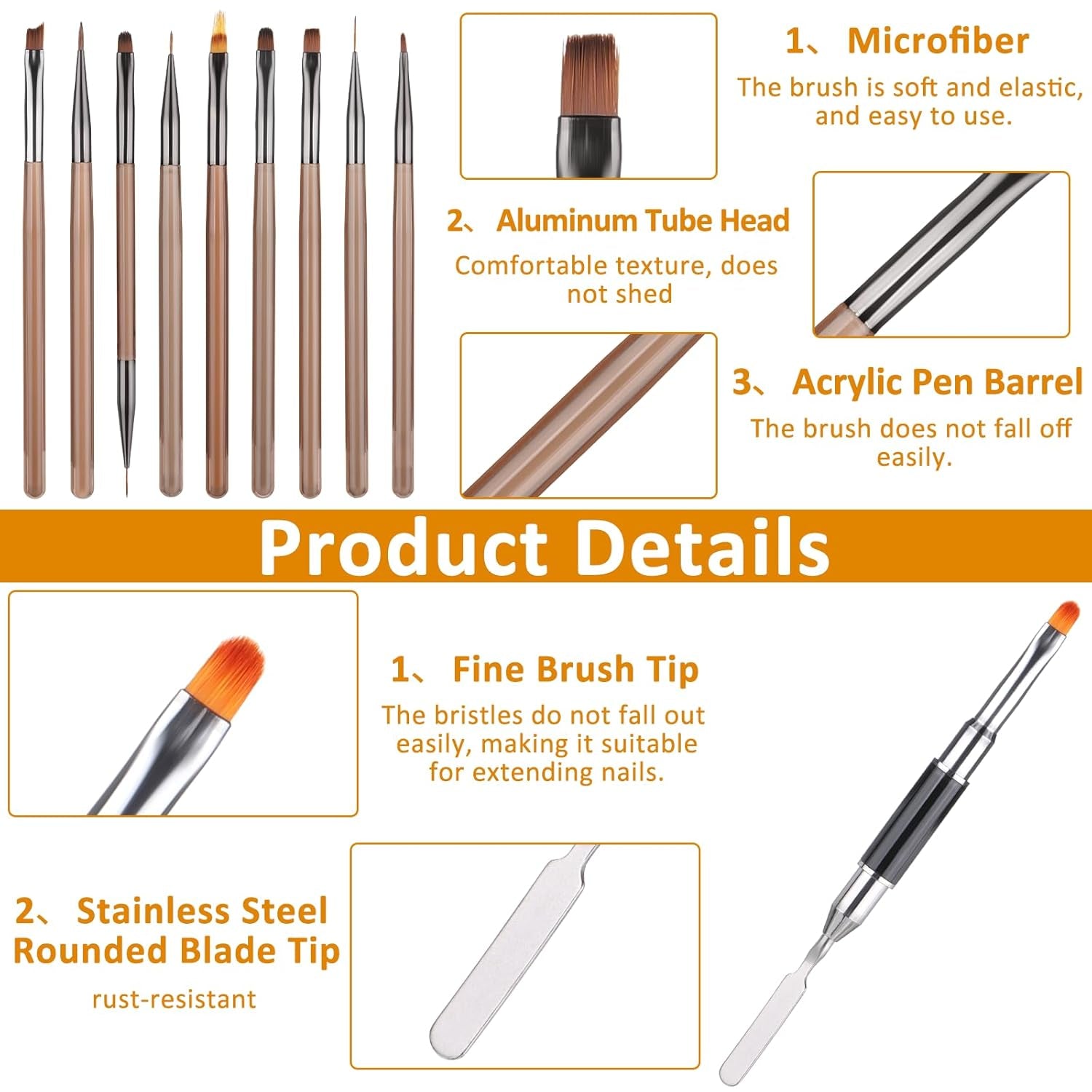 Zestaw 10 szpilek Stück Nailart, Pędzle do zdobienia paznokci Braun Nailart Design Pinsel Nageldesign Pinselfür Gelnägelfür Heimwerker Maniküre Salon Zuhause Zestaw szpilek do paznokci