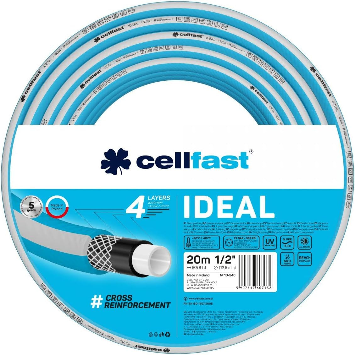 Wąż ogrodowy Cellfast IDEAL, trwały, elastyczny, 4 warstwy, trwały oplot krzyżowy, odporny na promieniowanie UV i glony, technologia REACH, 27 bar, -20/+60° krótkoterminowo 1/2", 20 m