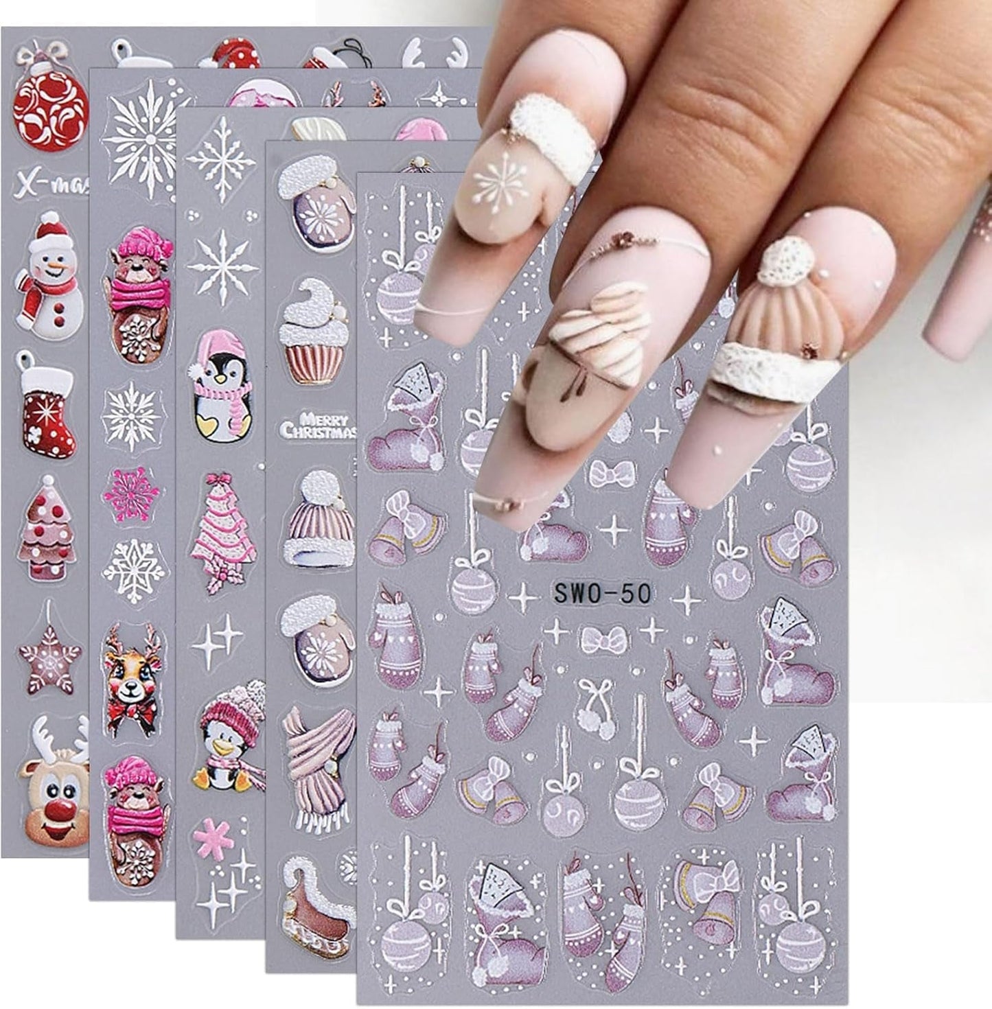 JMEOWIO Nagelsticker Weihnachten 6 Blatt Nail Art Naklejka Selbstklebend Nagelaufkleber Schneeflocke Winter Urlaub Süß Dekoration Nageldesign Zubehör