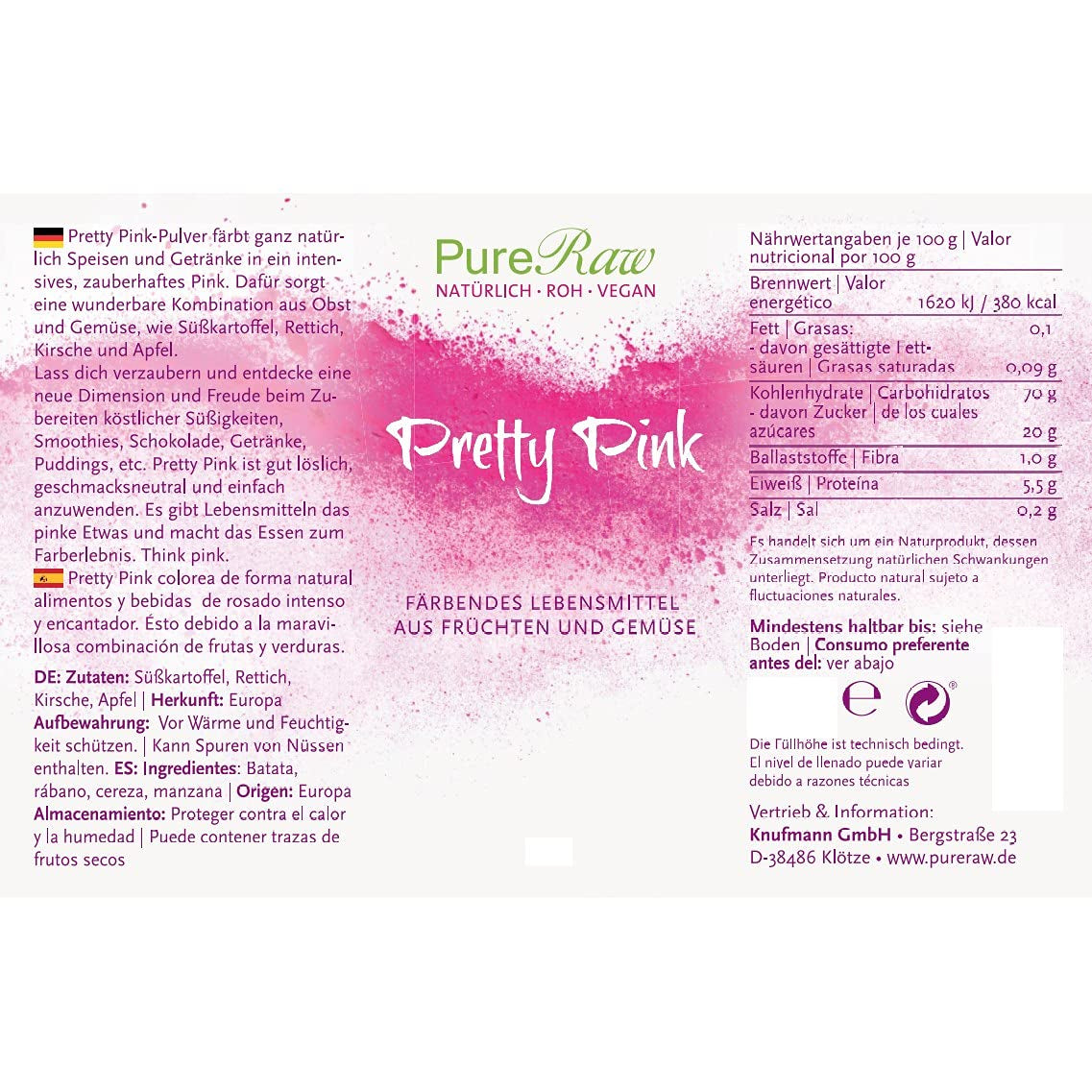Pretty Pink Natürliche Lebensmittelfarbe Pulver Rosa (Roh Vegan) Pastel Rose Bis Intensiv Rosa-Rot - Essbare Farbe Für Lebensmittel Aus Früchten Und Gemüse - Naturalny barwnik spożywczy | Sklep Pureraw 5G Naty