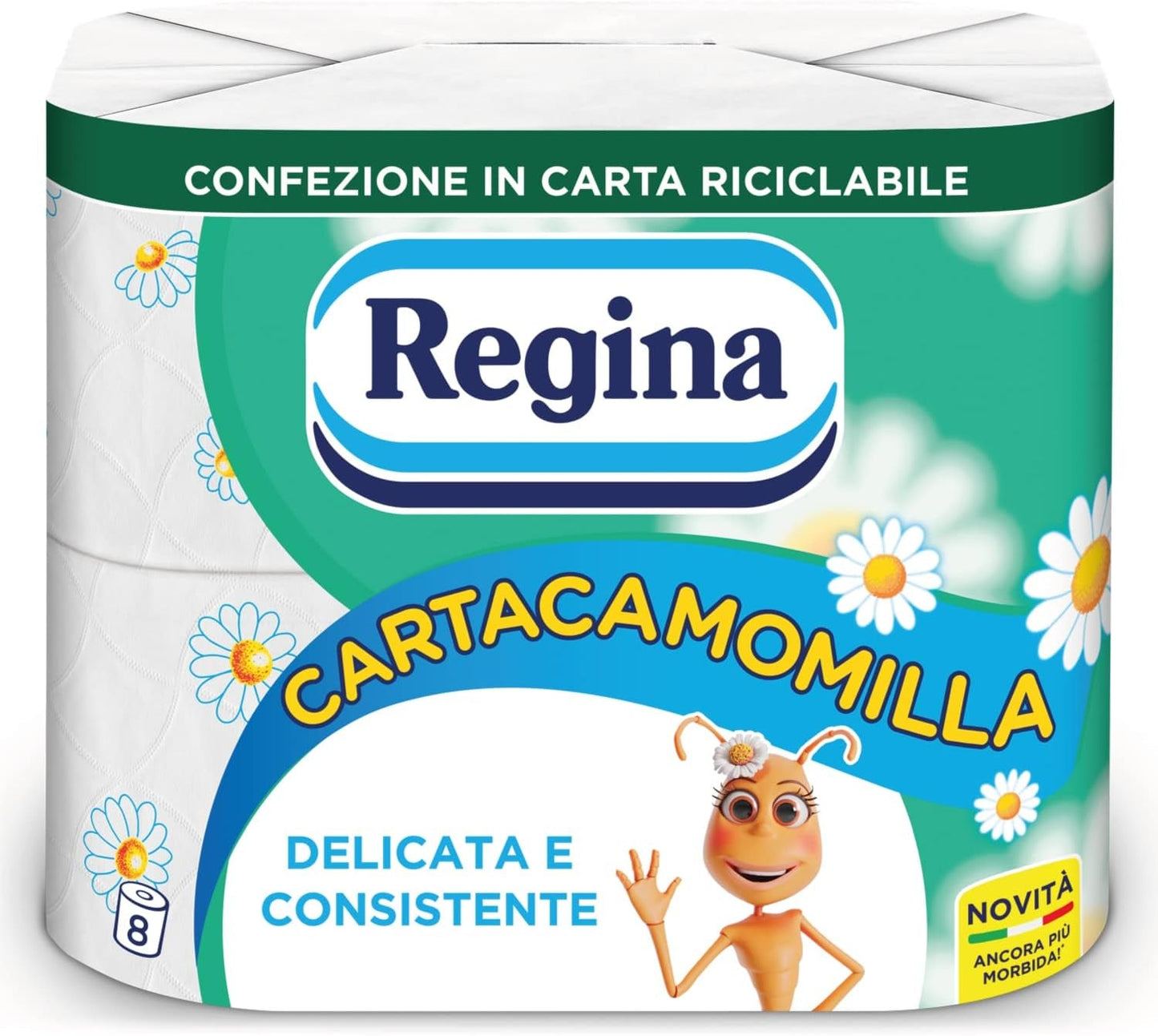 Regina Cartacamomilla - 8 rolek papieru toaletowego, 300 puszystych arkuszy, 3 warstwy, miękkie i mocne, opakowanie papierowe nadające się do recyklingu