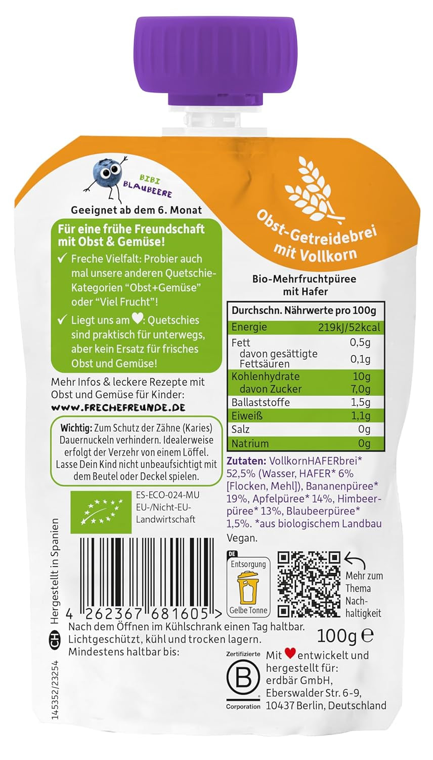 FRECHE FREUNDE Organiczna saszetka owocowa Banan, jabłko, malina, jagoda z owsem, puree owocowe ze zbożami w wyciskanej torebce dla dzieci od 6. miesiąca życia, wegańskie, opakowanie 6 szt. (6 x 100 g)