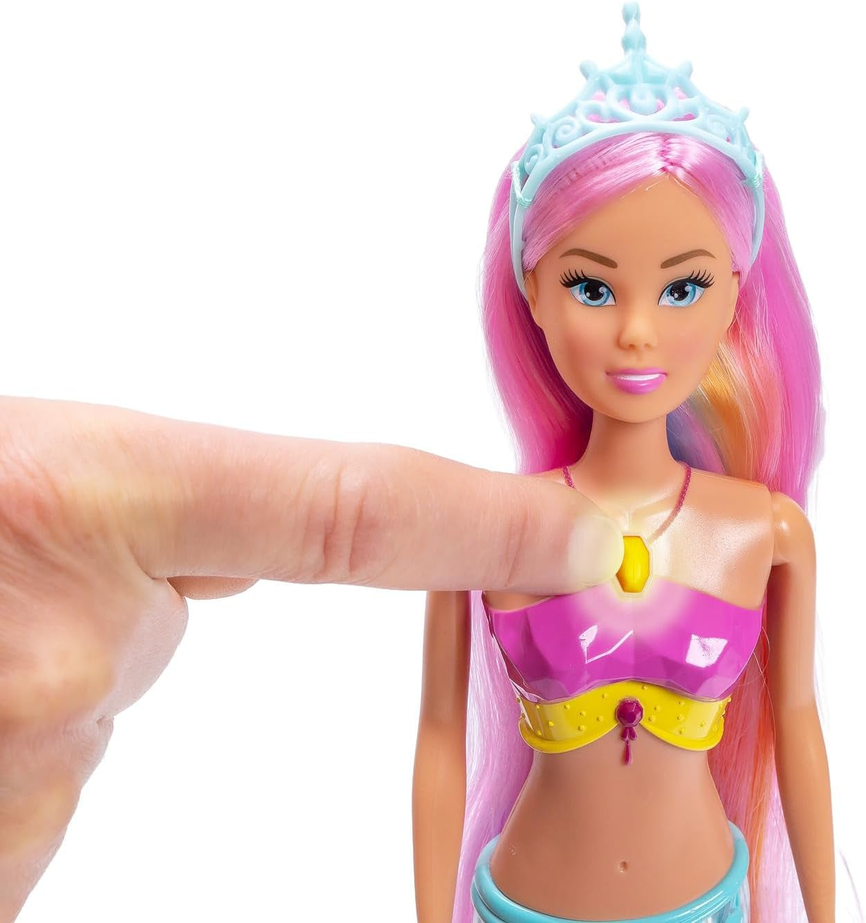 Simba Steffi Love Syrena – lalka syrenka z funkcją tęczowego światła, bardzo długimi włosami, figurką delfina i spinkami do włosów, wysokość 39 cm, funkcja „Wypróbuj mnie”, wiek 3+