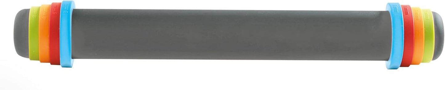 MASTRAD - Wałek do ciasta - Szary - z regulowanymi pierścieniami - 2 mm do świeżego ciasta, 4 mm do ciast, 6 mm do kruchego ciasta, 8 mm do pizzy - wykonany z silikonu - z powłoką nieprzywierającą - nie zawiera BPA - 41 cm