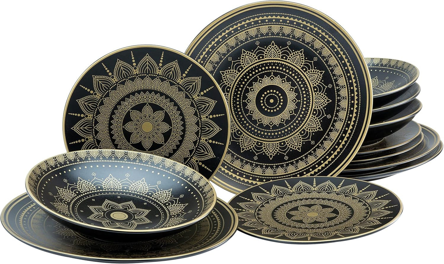 CreaTable, 23588, seria MANDALA GOLD - czarna, 12-częściowy zestaw naczyń obiadowych, zestaw talerzy porcelanowych, można myć w zmywarce i używać w kuchence mikrofalowej, jakość produkcji