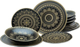 CreaTable, 23588, seria MANDALA GOLD - czarna, 12-częściowy zestaw naczyń obiadowych, zestaw talerzy porcelanowych, można myć w zmywarce i używać w kuchence mikrofalowej, jakość produkcji