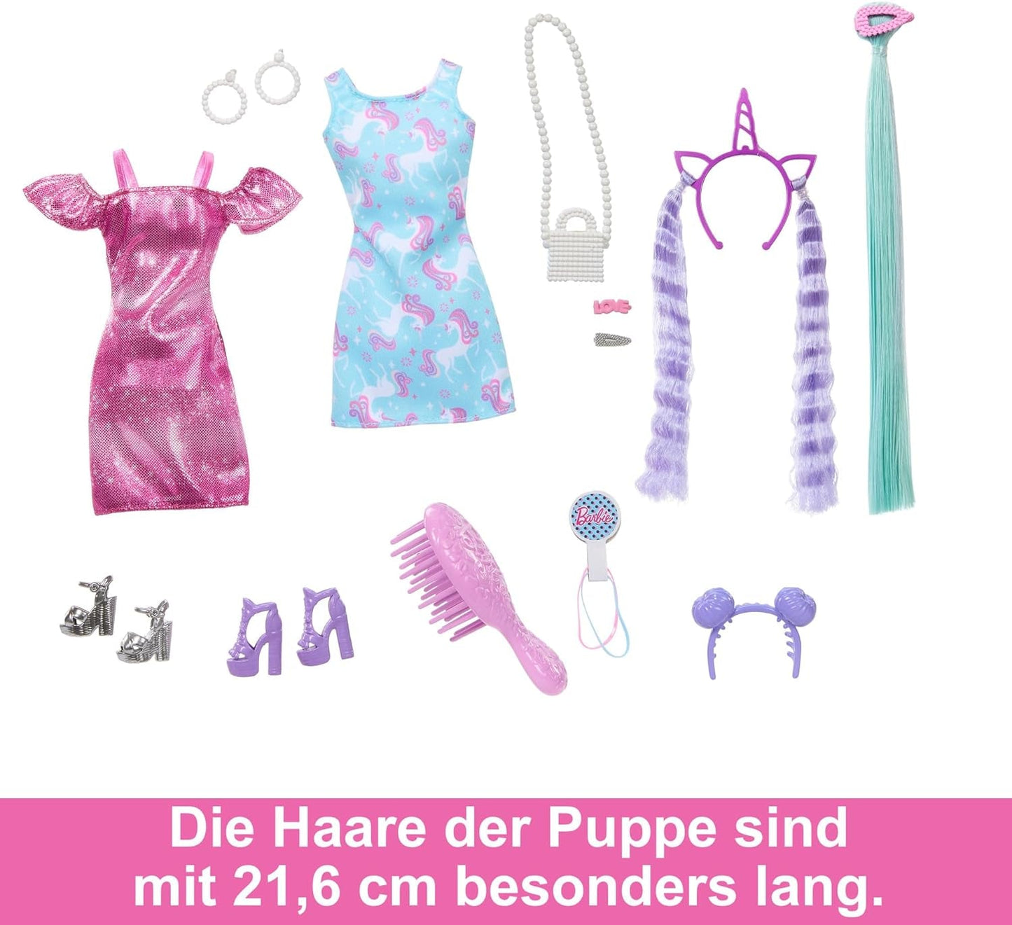 Zabawna stylowa lalka Barbie z bardzo długimi kolorowymi czarnymi włosami i błyszczącą różową sukienką 10 fryzur i modnych dodatków JDC86