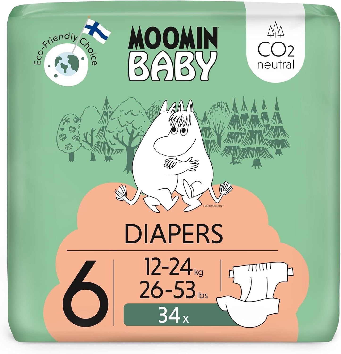 Pieluszki ekologiczne Muminki, rozmiar 3, 5-8kg, 48 sztuk, pieluszki Premium Soft | Miękkie i przyjazne dla skóry, oddychające, chłonne, bez zbędnych środków chemicznych |