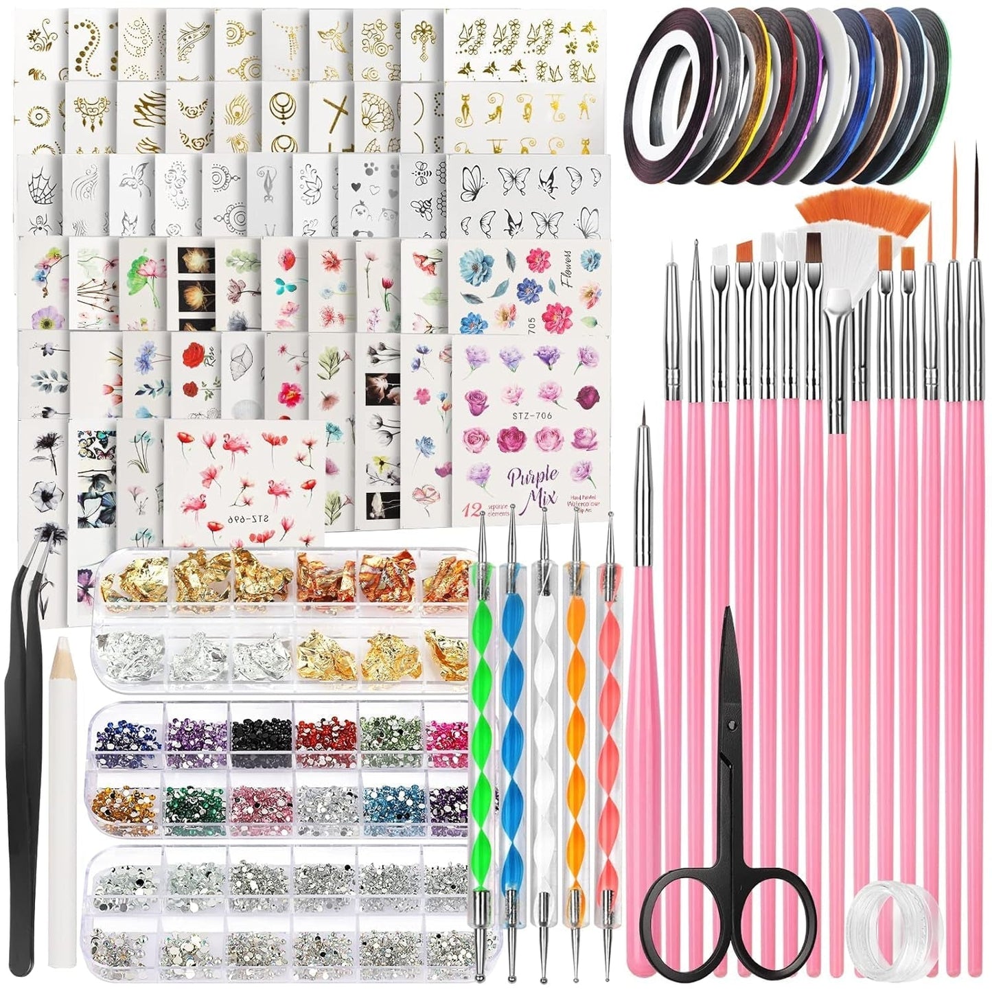 FANDAMEI 54 Blätter Wassertransfer Nagelsticker & Nail Art Pinsel Set, Kropkowane długopisy, Blattgold Für Nagelkunst, Streifenband, Strasssteine, Werkzeug Und Dekorationen Set Für Nagelkunst Maniküre Set