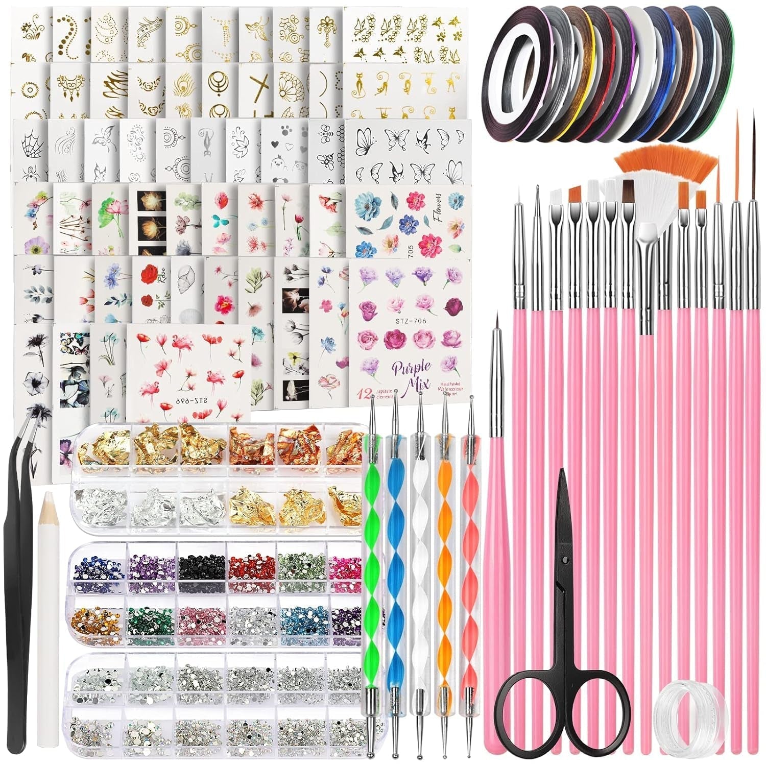 FANDAMEI 54 Blätter Wassertransfer Nagelsticker & Nail Art Pinsel Set, Kropkowane długopisy, Blattgold Für Nagelkunst, Streifenband, Strasssteine, Werkzeug Und Dekorationen Set Für Nagelkunst Maniküre Set