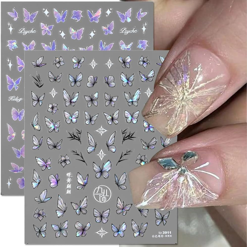 2 Blätter Schmetterling Nagelsticker Selbstklebend,Muschel Glitzer Nail Art Motyl Naklejka na paznokcie Lila Grau Schmetterlinge Nagelaufkleber Relief Laserowe motyle Nagel Naklejka Nageldesign Zubehör