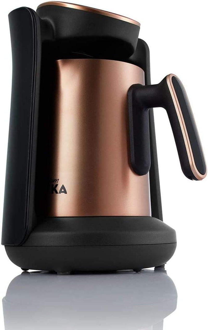 Arzum Okka Minio turecki ekspres do kawy, Moka, 1-4 filiżanek, garnek ze stali nierdzewnej 300 ml, zabezpieczenie przed rozlaniem, inteligentny system parzenia, zmywalny garnek, 480 W, miedź