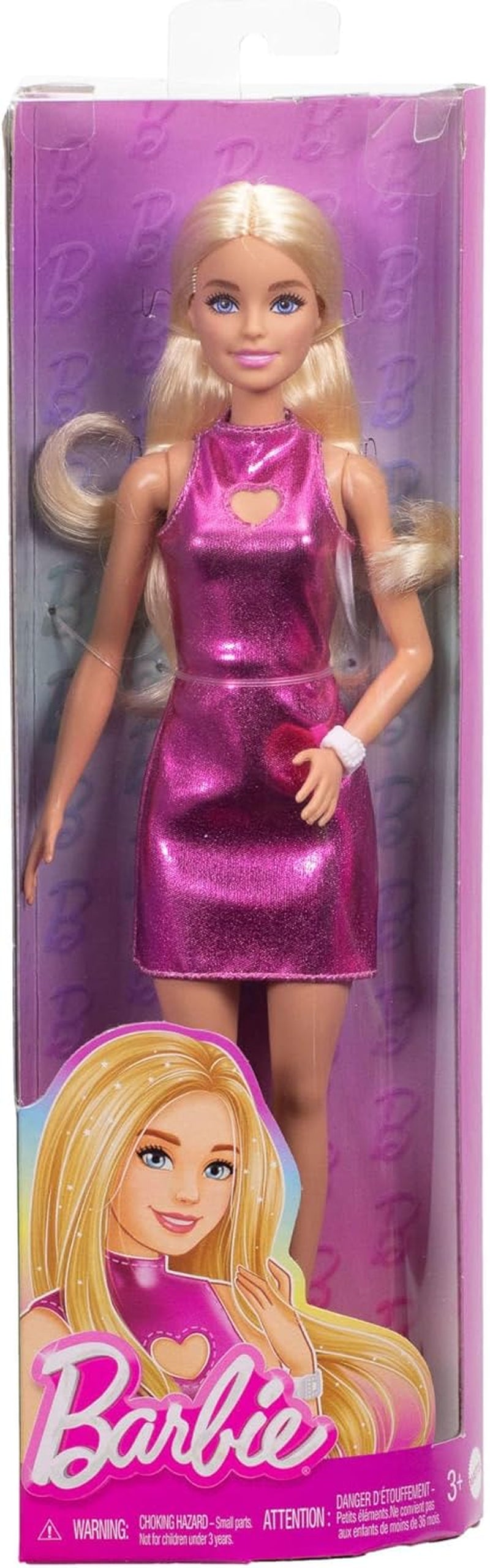 Lalka Barbie Fashionistas nr. 230 z blond włosami, różową metaliczną mini sukienką z wycięciem w kształcie serca, białą bransoletką i szpilkami, HYT88