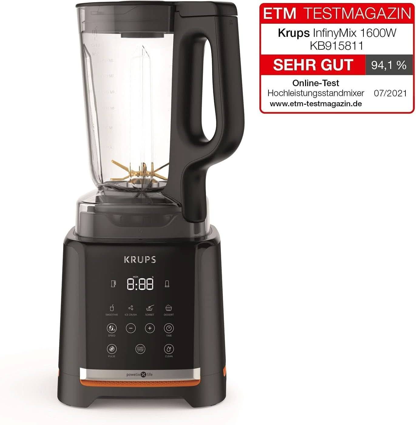 Krups Highspeed - Mikser stojący Infinymix KB9158 | 1600 W | 5 programów automatycznych + konfiguracja ręczna | Tritanbehälter | Zawiera Rezeptheft | Koktajle, Shakes, Kruszony Lód | Sklep Naty z kuchnią Schwarz