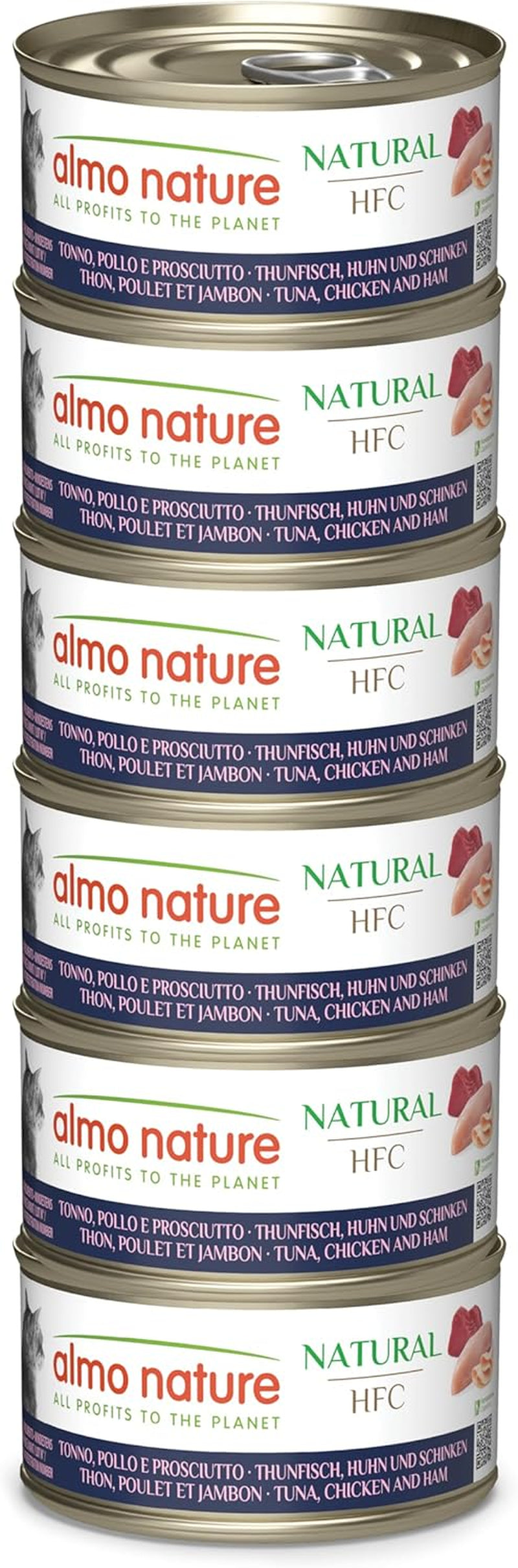 Almo Nature HFC Natural - Mokra karma dla dorosłych kotów - Tuńczyk, Kurczak i Szynka - Jakość ludzka, Bezglutenowa - 6 x 70g