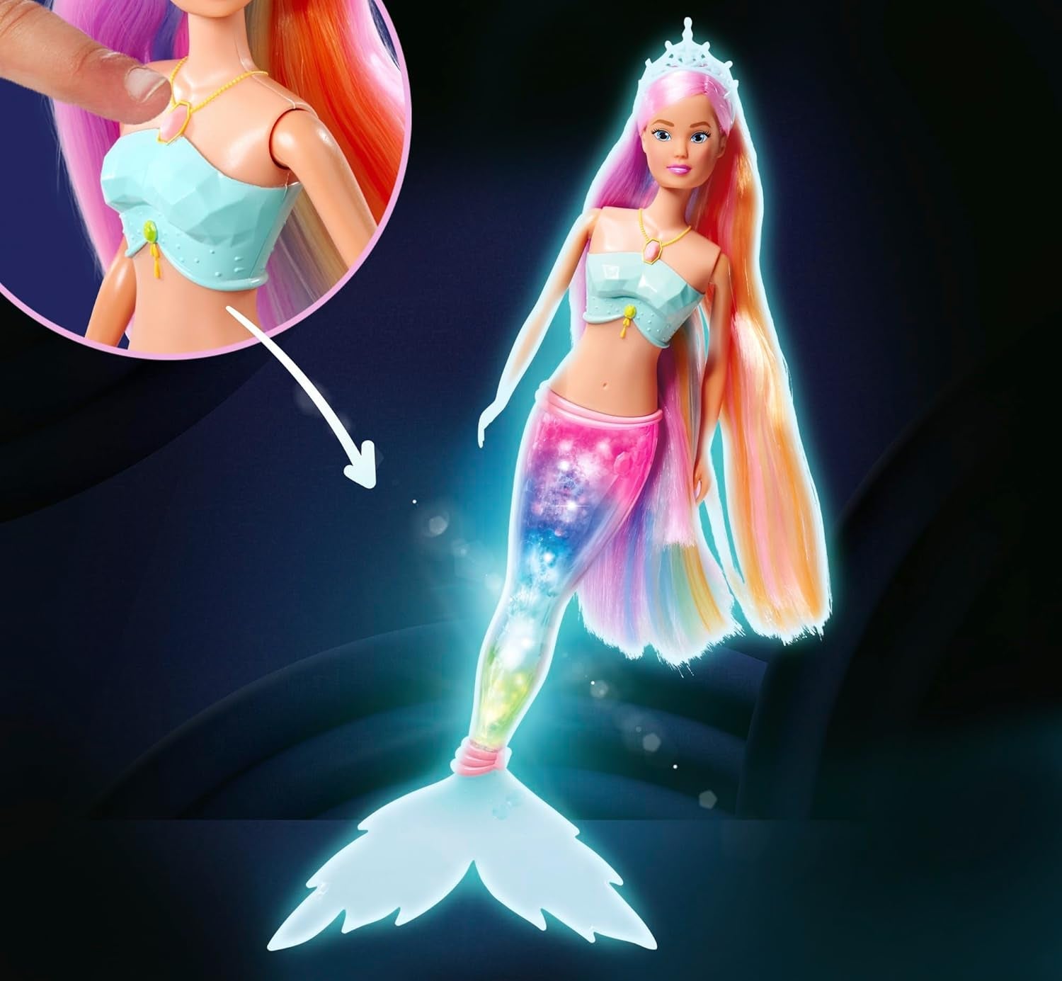 Steffi Love Magic Rainbow Mermaid, lalka syrenka z funkcją magicznego tęczowego światła i bardzo długimi włosami, 39 cm, wiek 3+