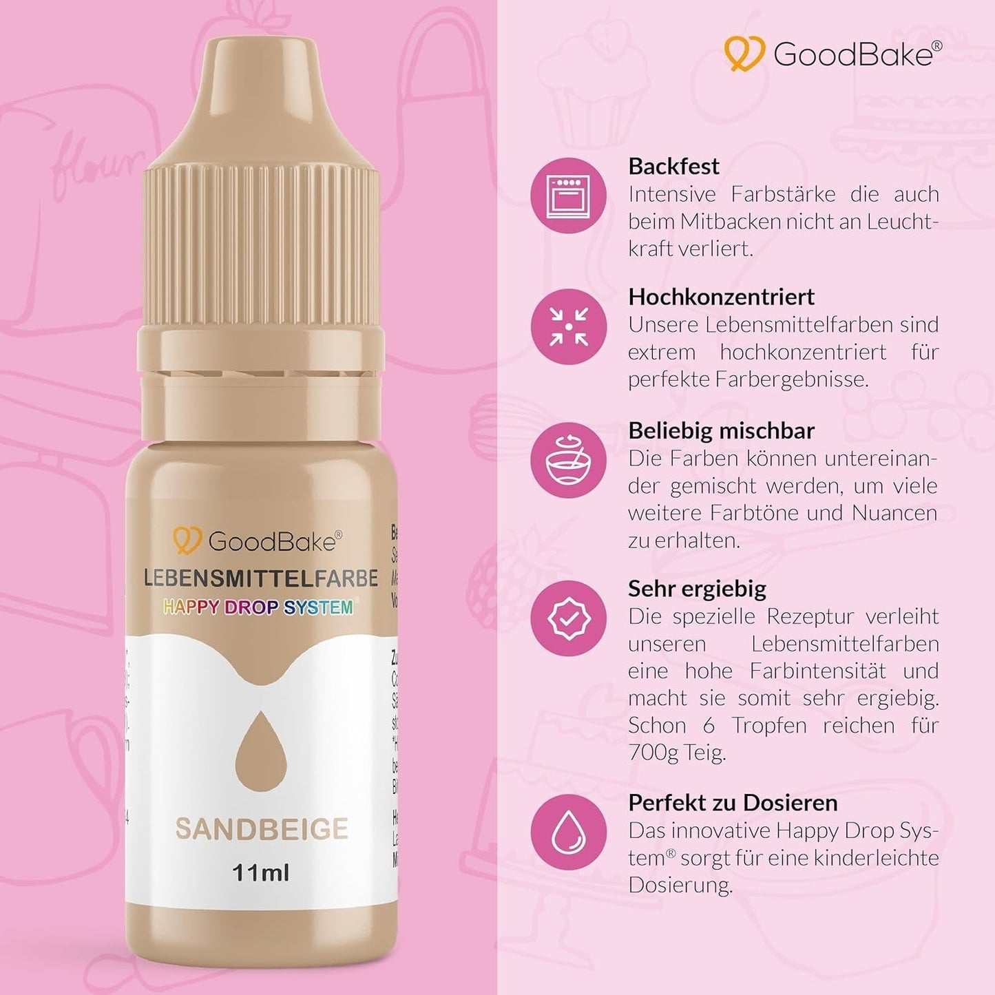 Goodbake Pastel Sand Beige Barwnik spożywczy (11ml) - Barwnik spożywczy w dużej dawce - Do barwienia ciast, kremów, kremów maślanych, makaroników, napojów, śluzów i wielu innych produktów. 100% wegańskie