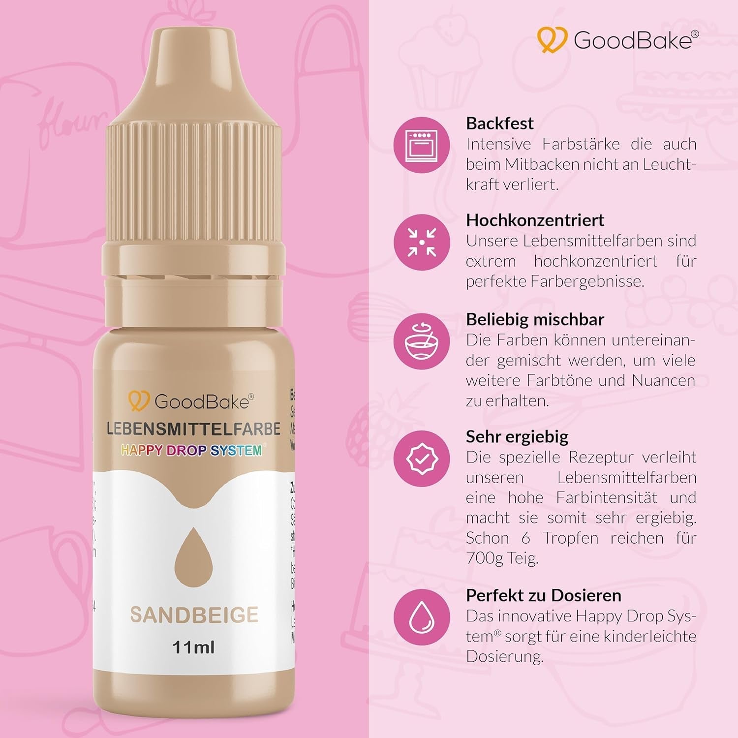 Goodbake Pastel Sand Beige Barwnik spożywczy (11ml) - Barwnik spożywczy w dużej dawce - Do barwienia ciast, kremów, kremów maślanych, makaroników, napojów, śluzów i wielu innych produktów. 100% wegańskie