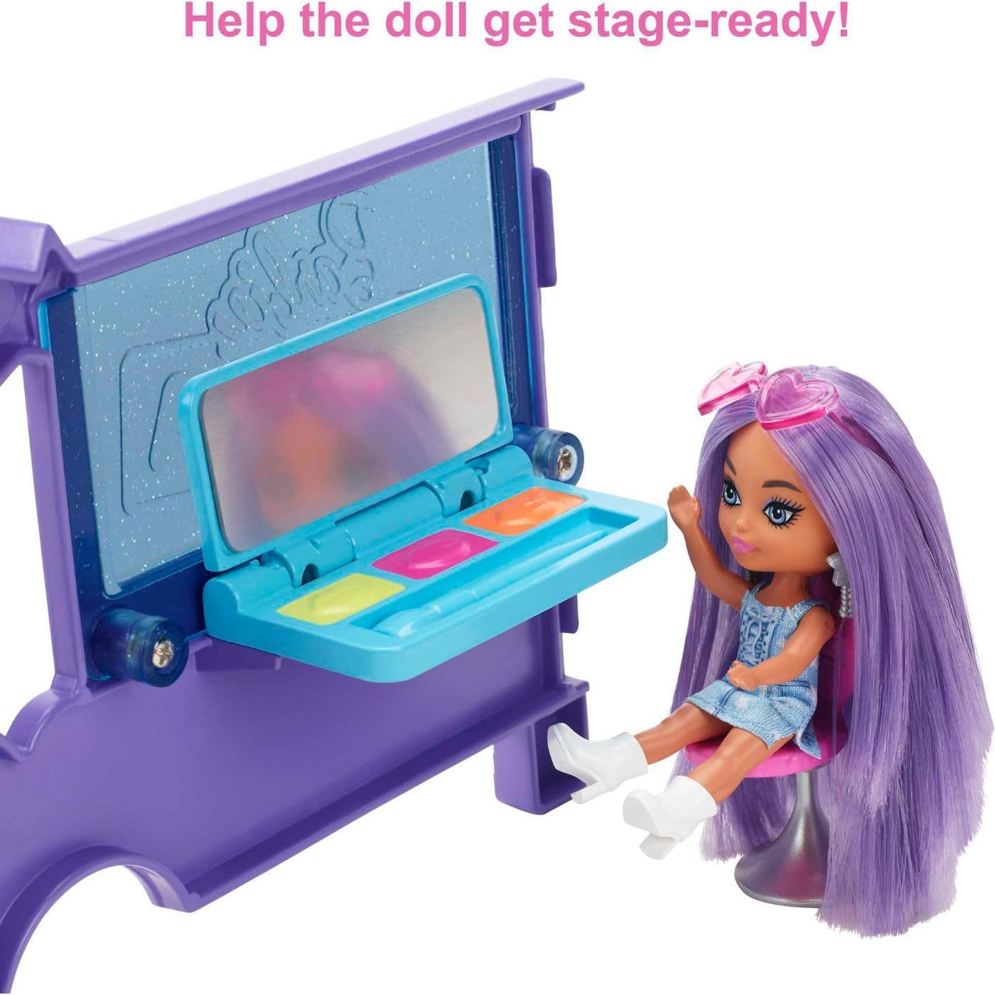 Lalka Barbie Extra Mini Minis, Lalka Extra Mini Minis z dodatkowym brokatowym vanem turystycznym, w tym kosmetyczka i akcesoria do pokazów, prezent dla dzieci, zabawka dla dzieci w wieku od 3 lat, HKF84
