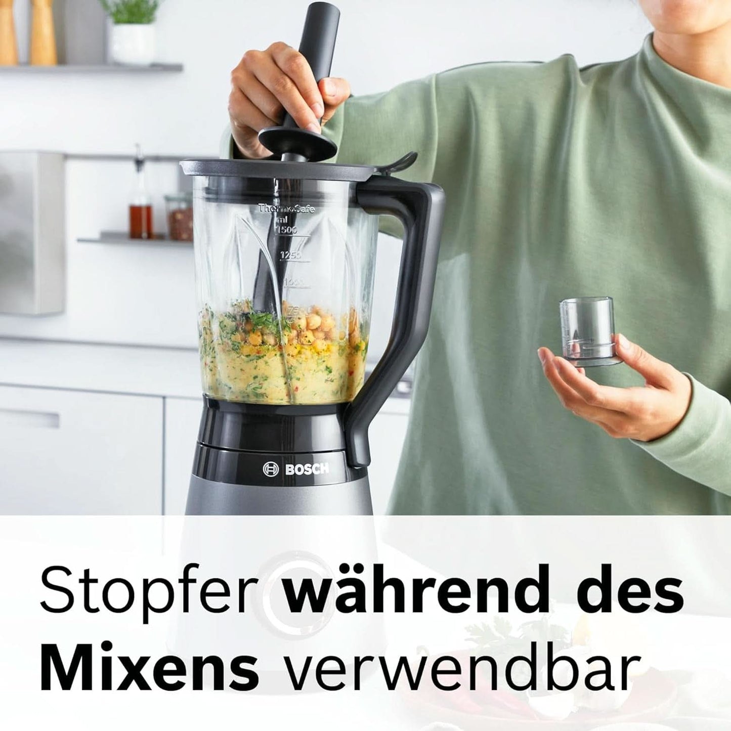 Mikser stojący Bosch Vitapower Serie 4 MMB6174SN, wersja Verbesserte, Hochwertige Edelstahl-Klingen, 1,5 l Glasbehälter, 0,6 l To-Go-Flasche, Spülmaschinenfeste Teile, 30 000 U/min, 1200 W, Silver Kitchen Naty Shop