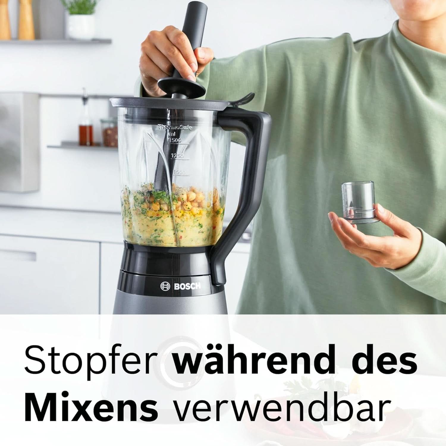 Mikser stojący Bosch Vitapower Serie 4 MMB6177S, Edelstahl-Klingen Made in Germany, 1,5 l Thermosafe Glasbehälter, 0,6 l To-Go-Flasche, Stopfer, Universalzerkleinerer, 30 000 U/Min, 1200 W, Silver Kitchen Naty Shop
